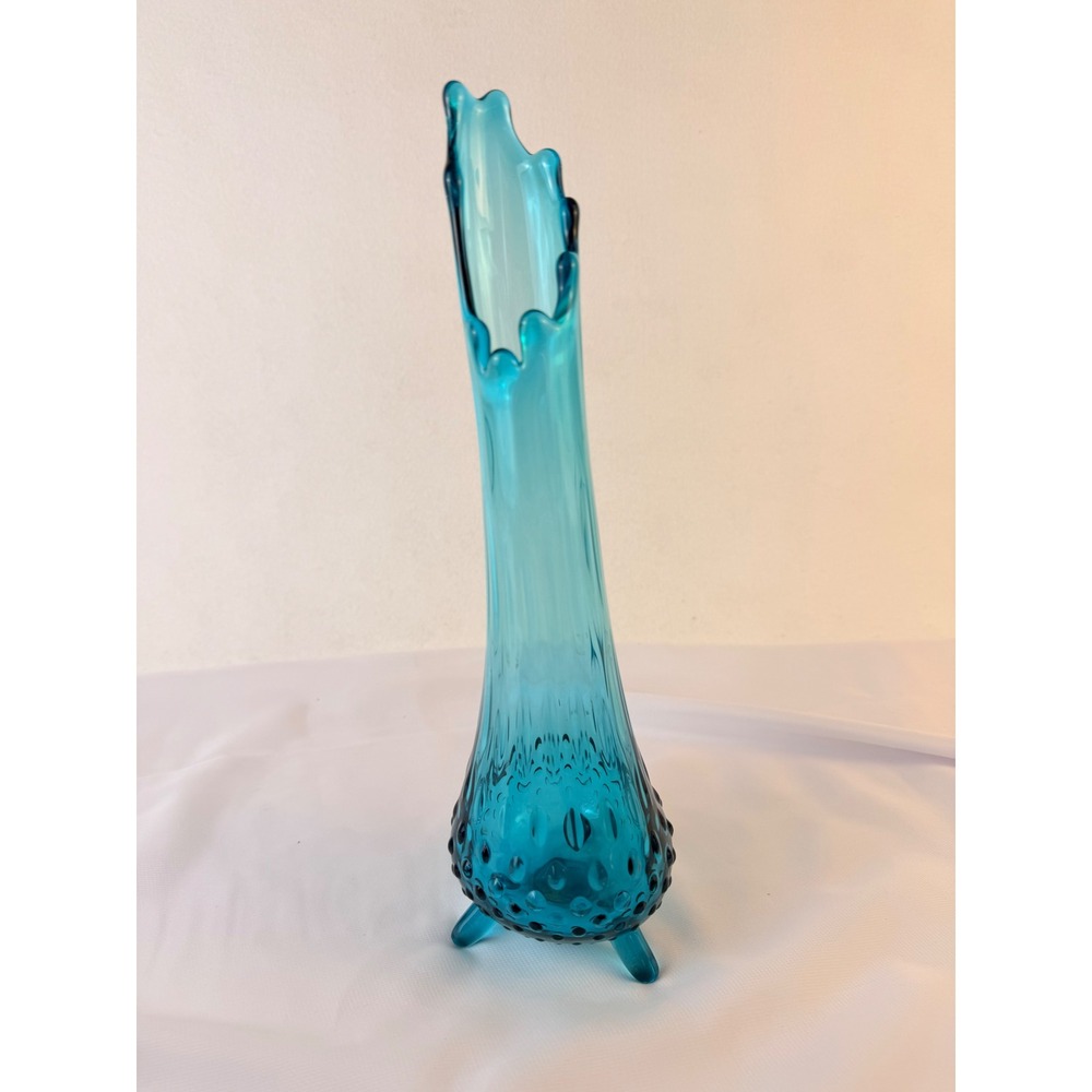 Vintage L.E. Smith Glass Teal Blue 6 Petal Swung Vase Hobnail Footed 12 Inch MCM